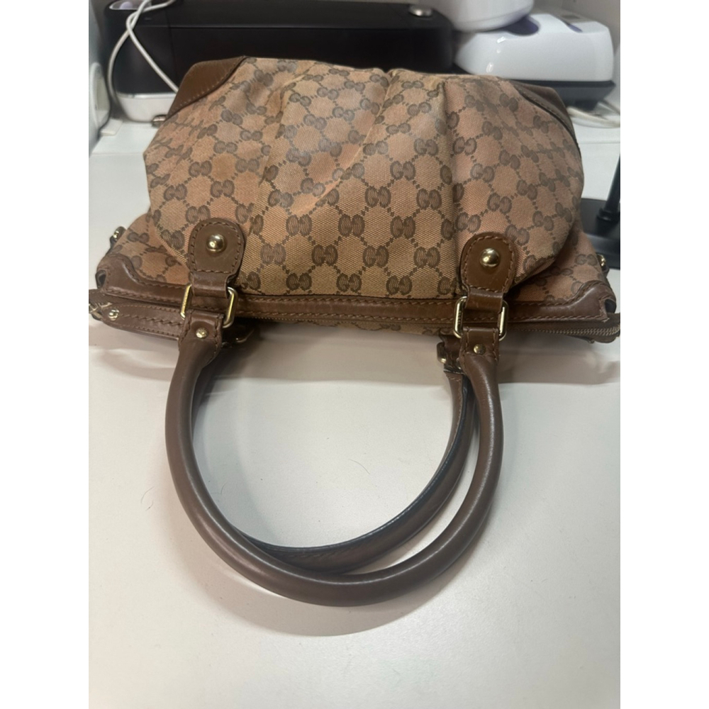 Women's Gucci Monogram Canvas Leather Trim Satchel Bag Brown/Tan One Size - Picture 13 of 16